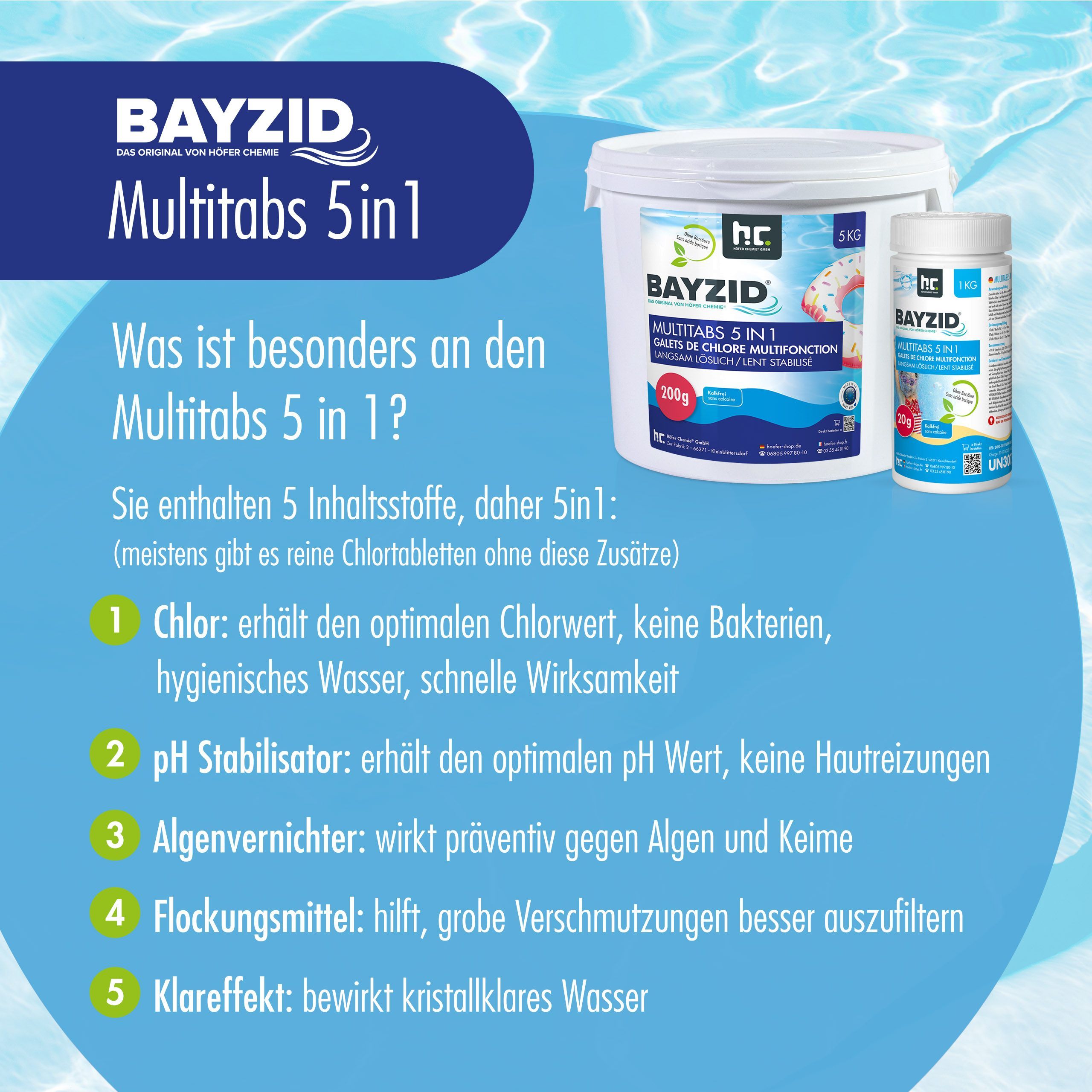 5 kg BAYZID® Galets chlore multifonction 200g 5en1