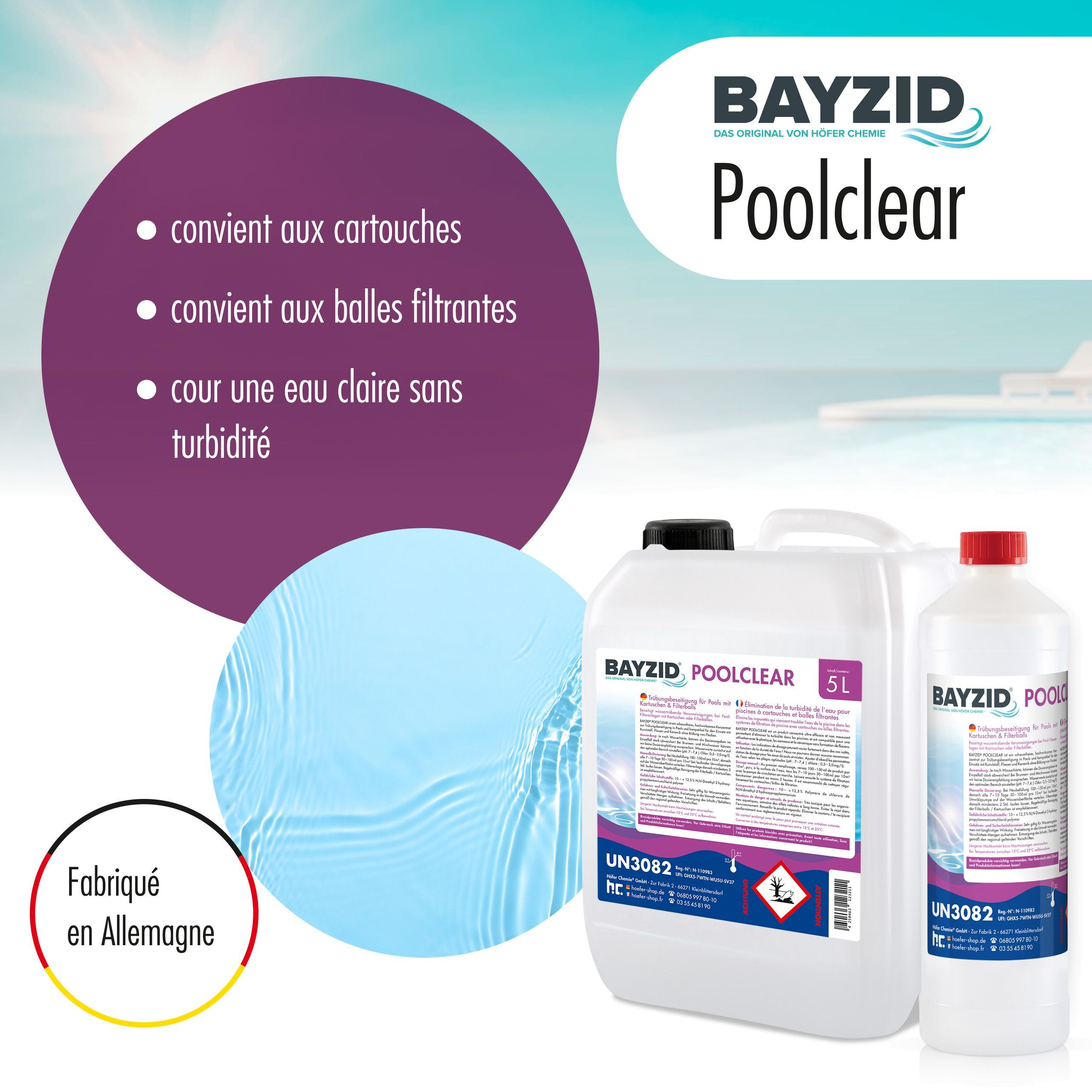 5 L BAYZID® Poolclear - Élimination de la turbidité de l´eau pour piscines à cartouches et balles filtrantes