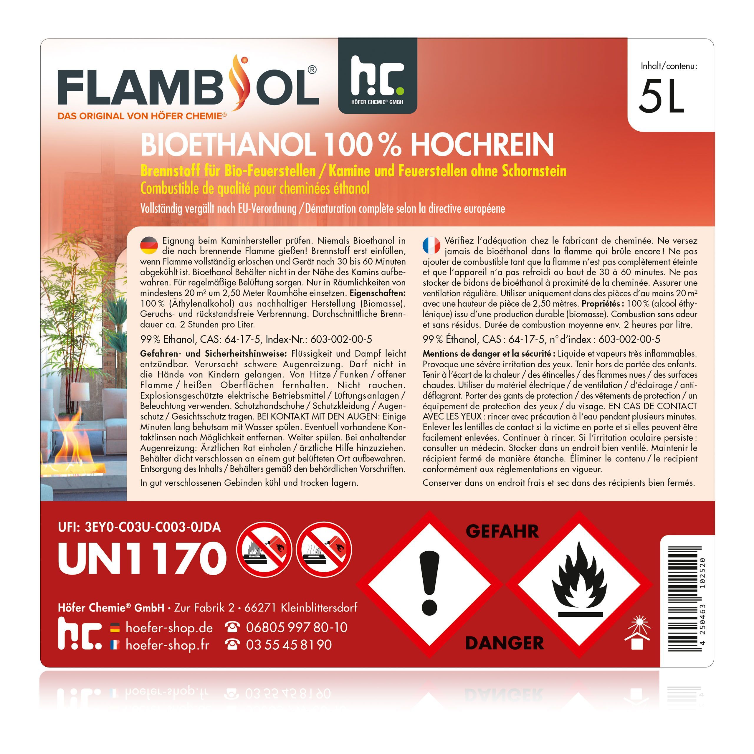 5 L FLAMBIOL® Bioéthanol 100 % Ultra-pur