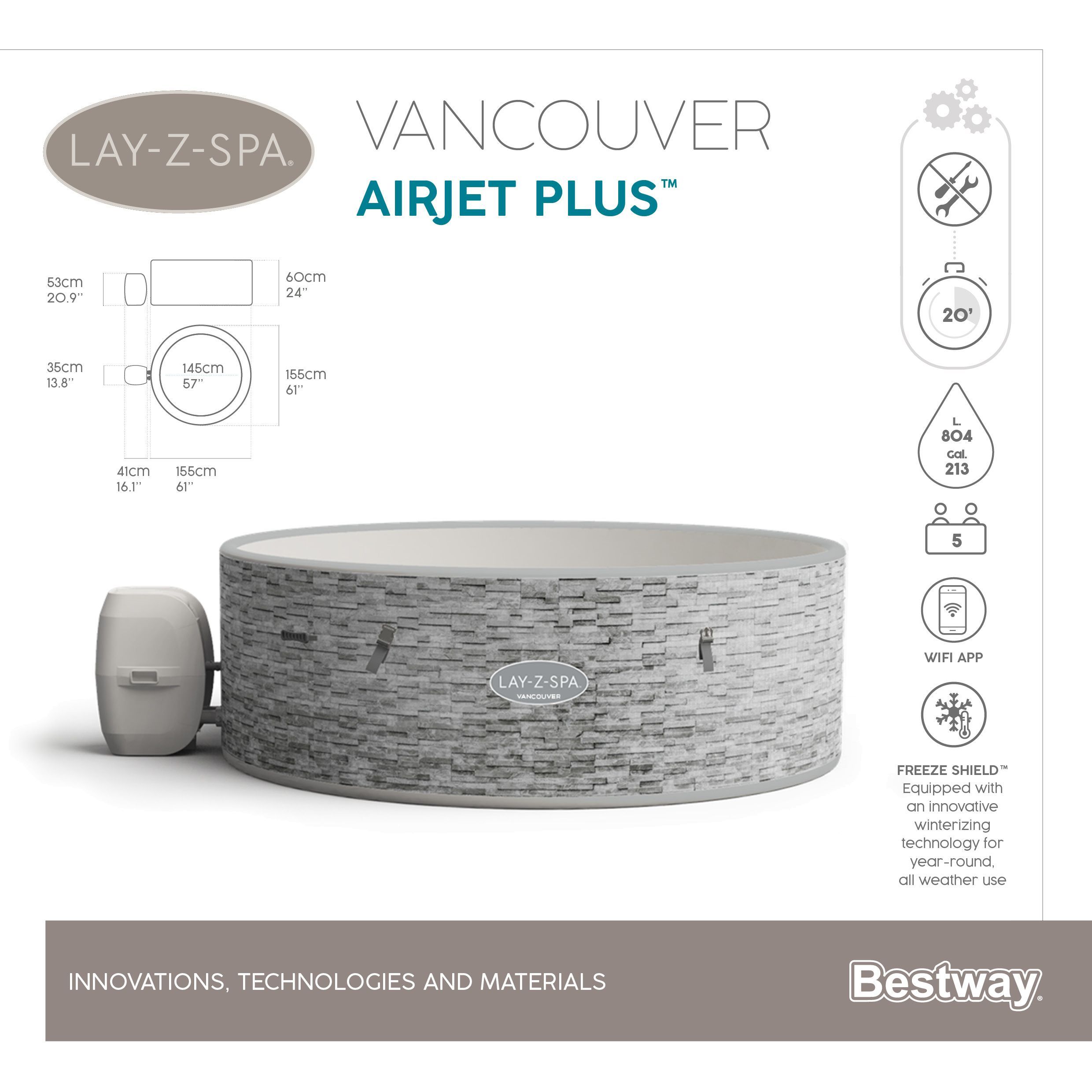 LAY-Z-SPA® Jacuzzi Wi-Fi Vancouver AirJet Plus™ 155 x 60 cm