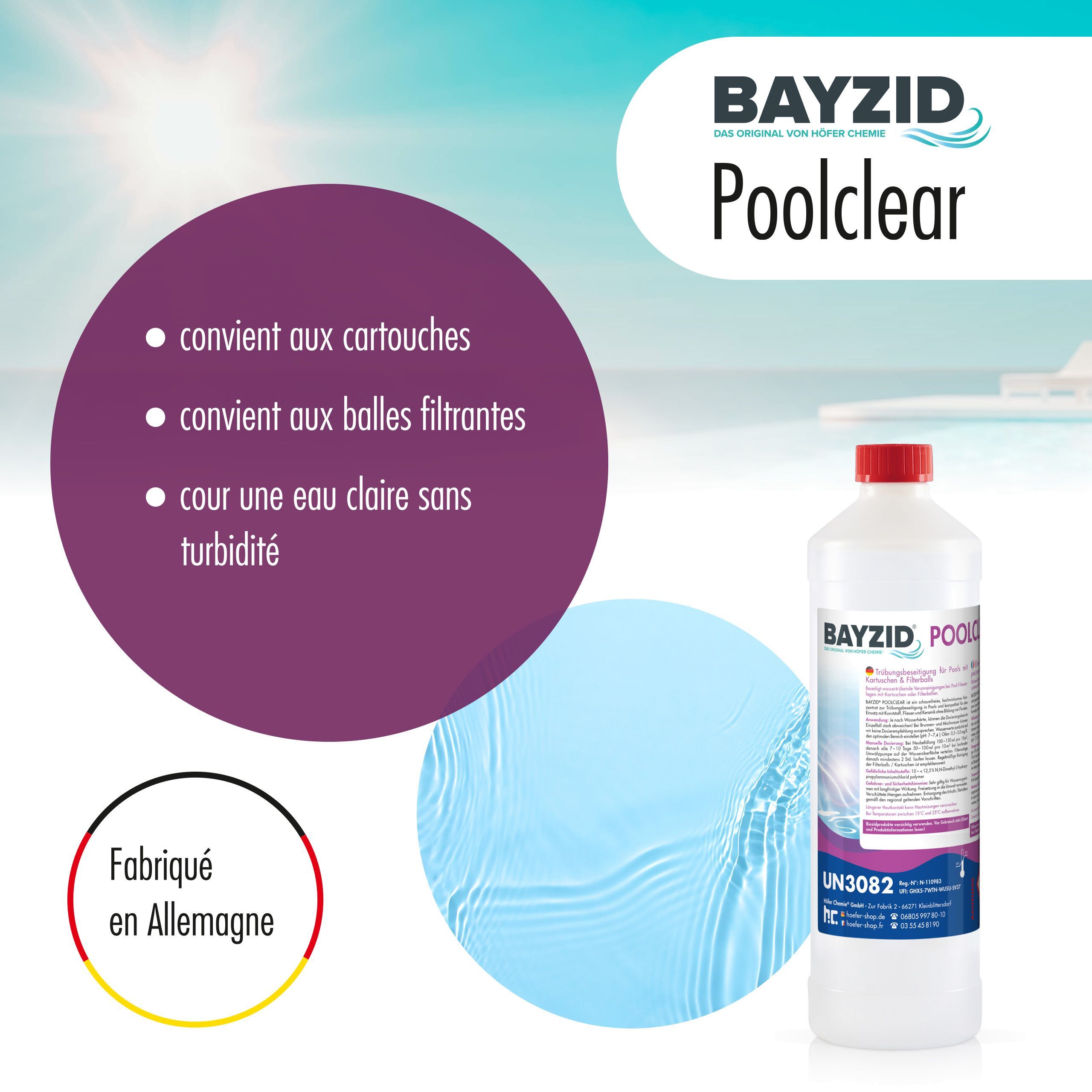 1 L BAYZID® Poolclear - Élimination des turbidités pour les filtres de piscine avec cartouches & balles filtrantes