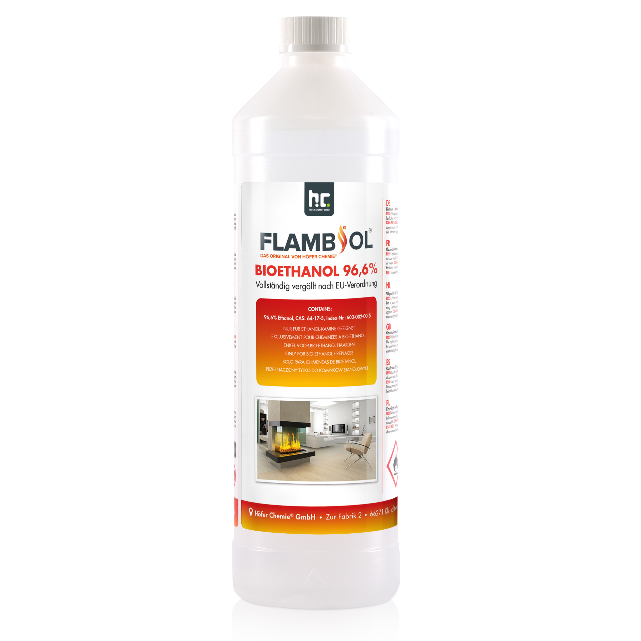 1 L FLAMBIOL® Bioéthanol 96,6% Premium (en bouteille) pour cheminée de table à l'éthanol