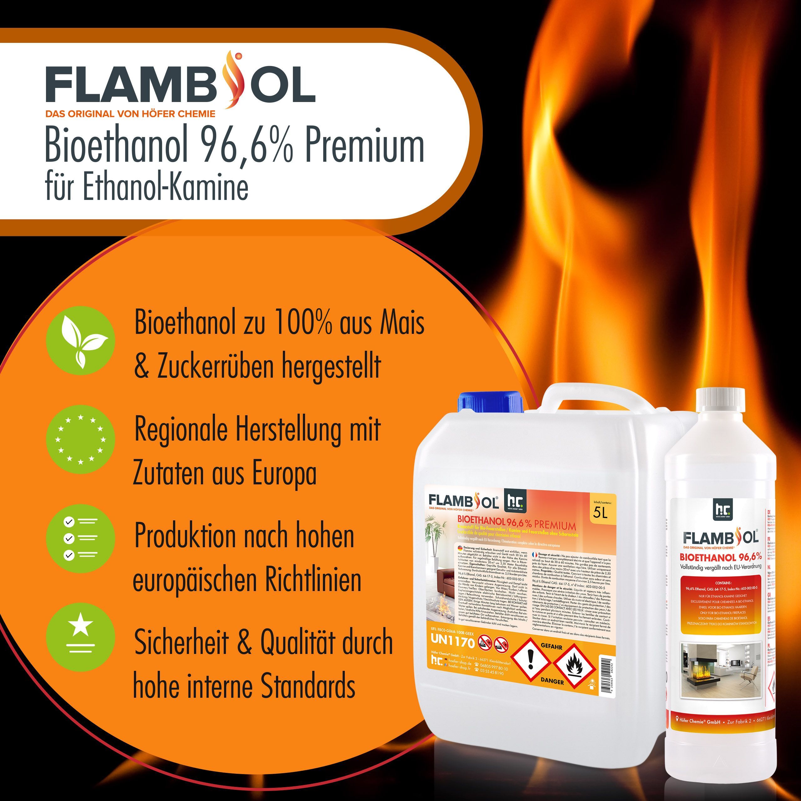 20 L FLAMBIOL® Bioéthanol 96,6% Premium pour cheminée à éthanol en bidons
