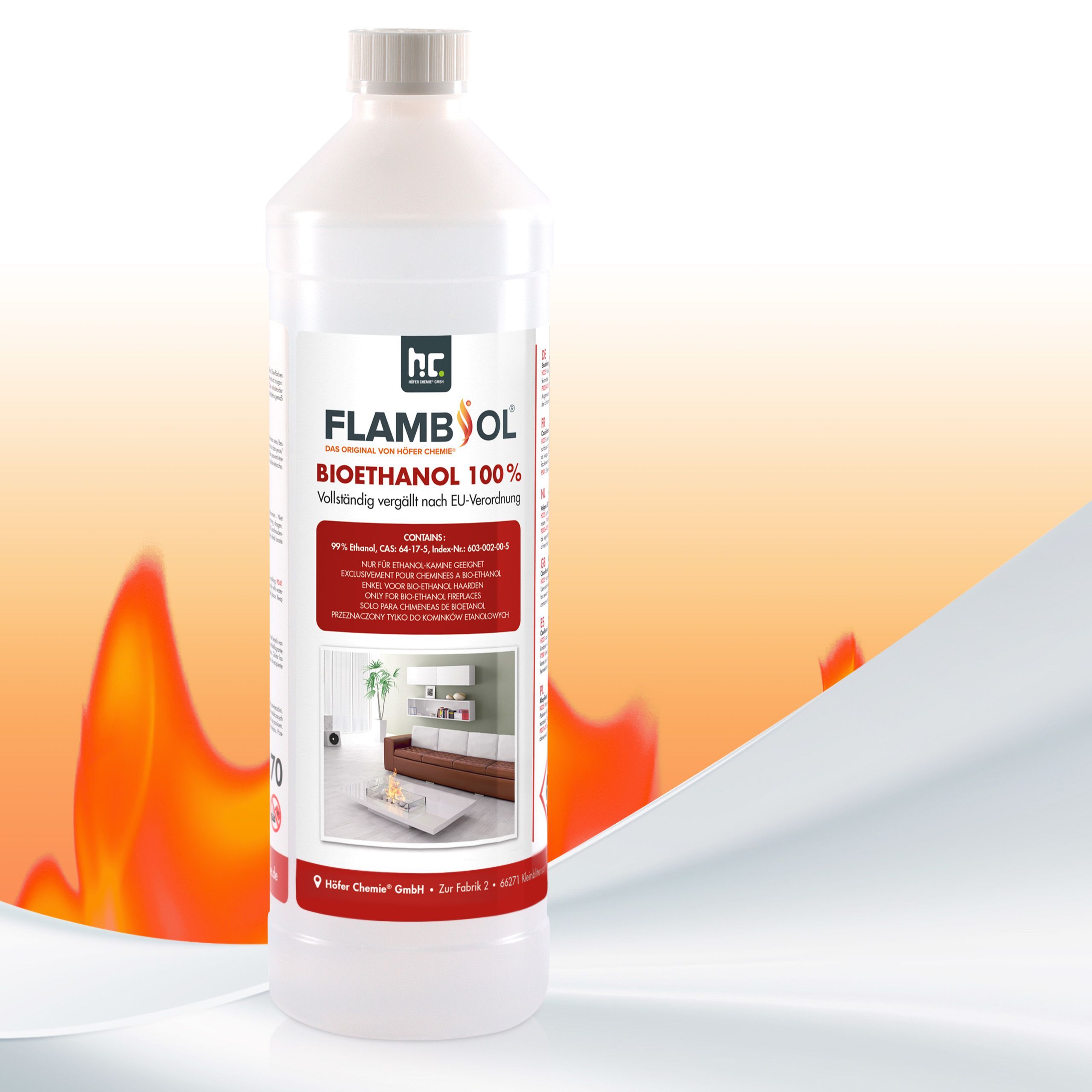 1 L FLAMBIOL® Bioéthanol Ultra Pur 100 % en bouteille pour Cheminées de Table en Acier Inoxydable