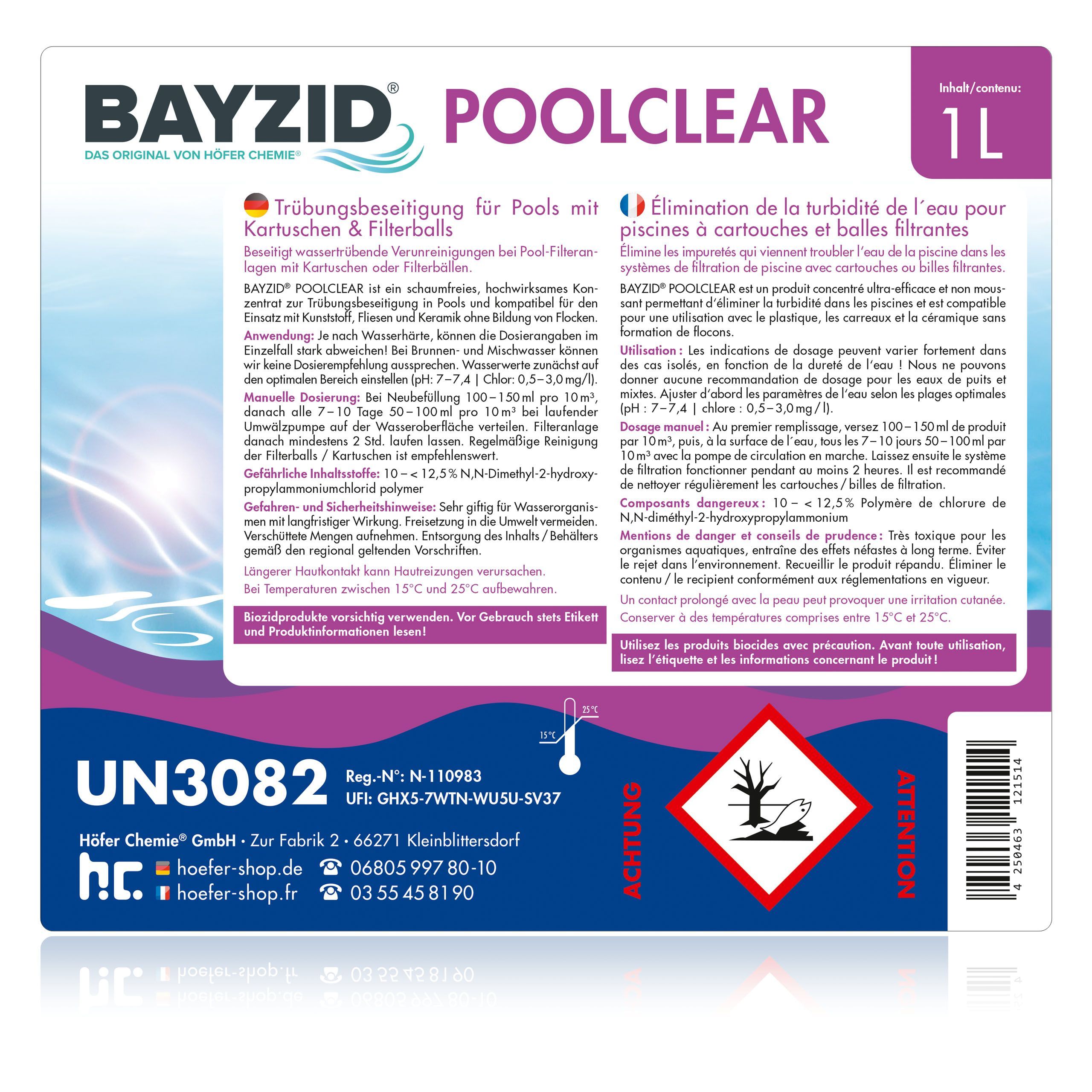 1 L BAYZID® Poolclear - Élimination des turbidités pour les filtres de piscine avec cartouches & balles filtrantes