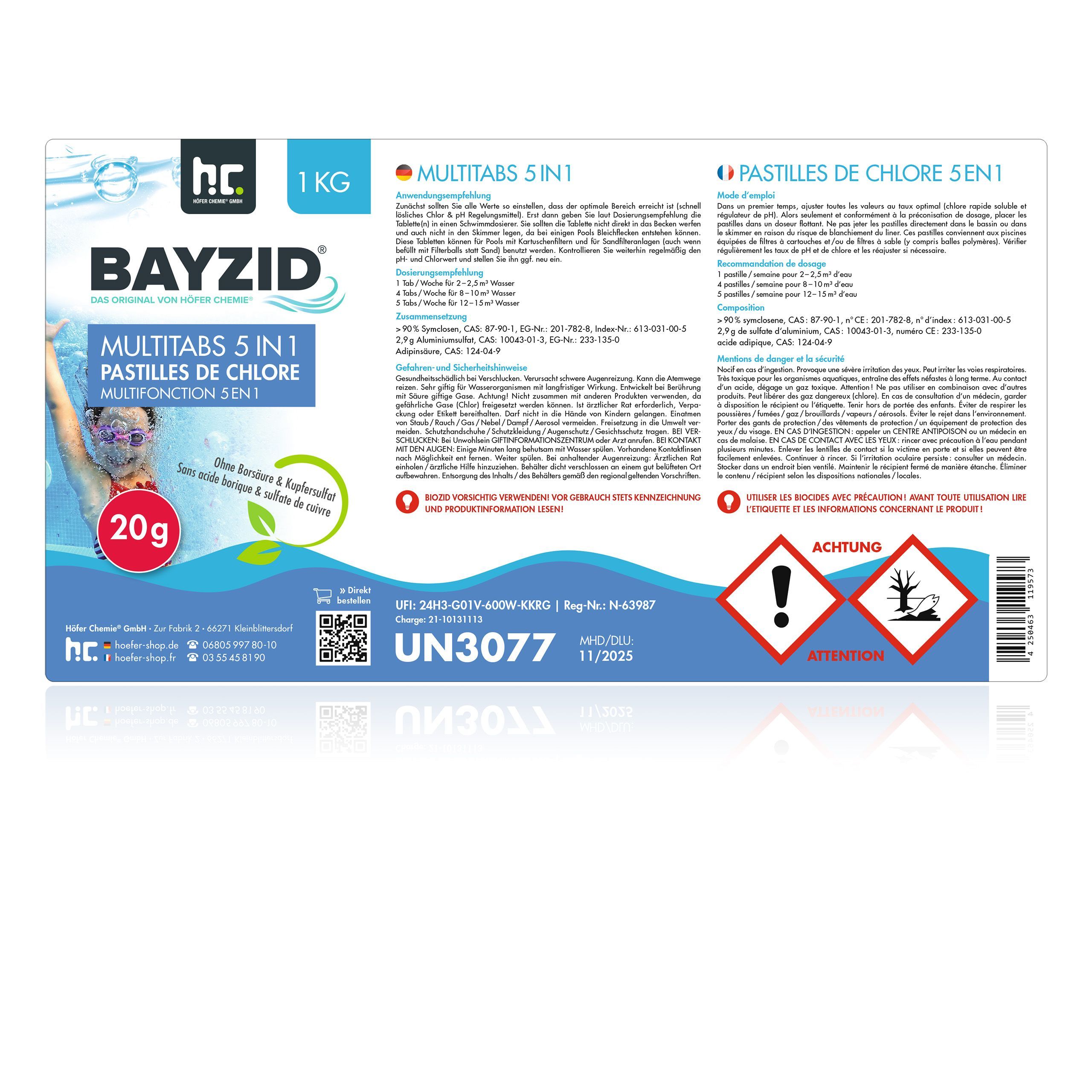 1 Kg Bayzid® pastilles de chlore multifonction 20g 5 en 1