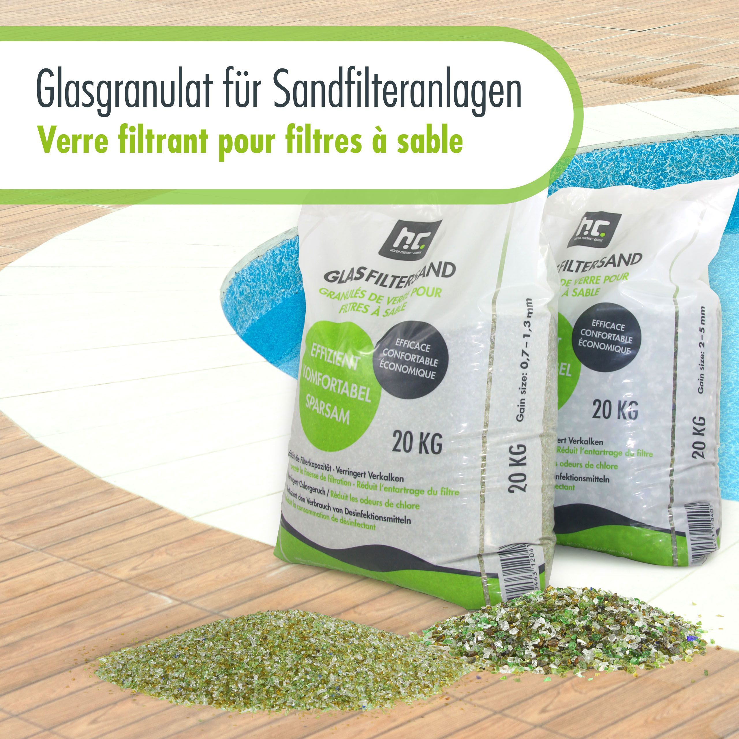 20 kg de granulés de verre spécial pour systèmes de filtration à sable 0,7 - 1,3 mm granulométrie