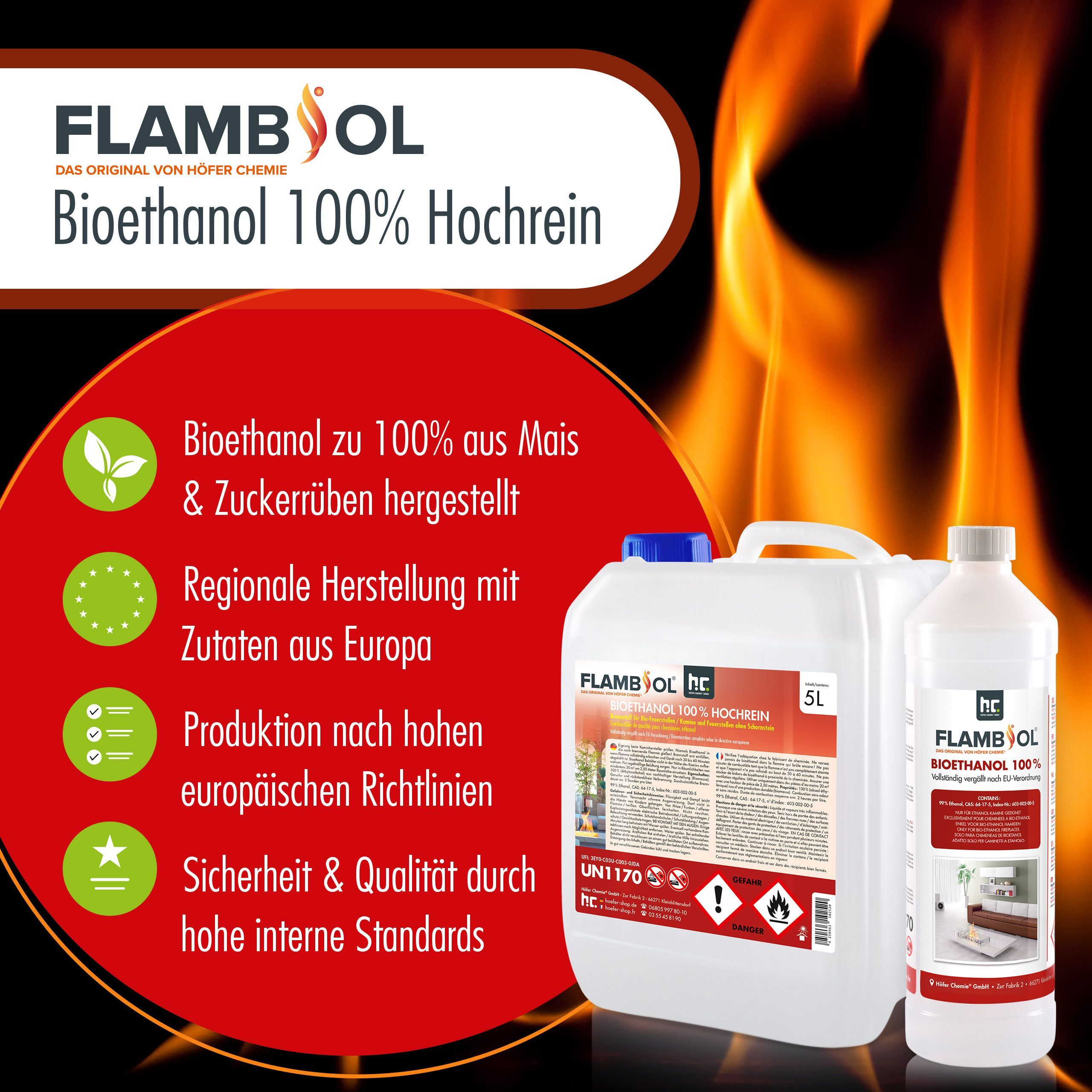 1 L FLAMBIOL® Bioéthanol Ultra Pur 100 % en bouteille pour Cheminées de Table en Acier Inoxydable