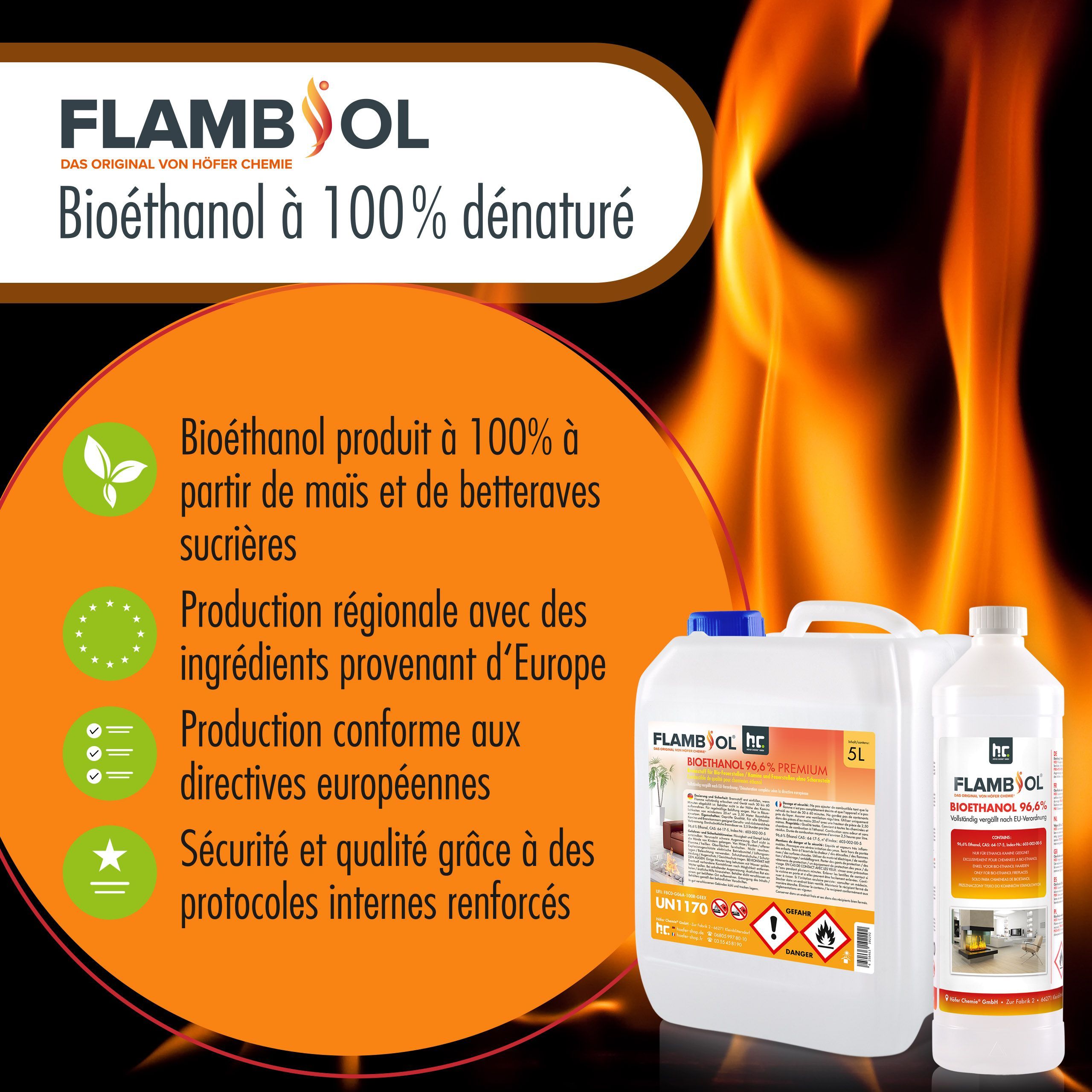 10 L FLAMBIOL® Bioéthanol 96,6% Premium pour cheminée à éthanol en bidons